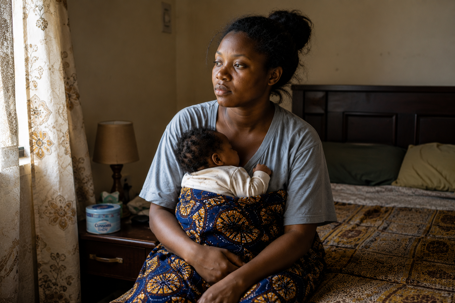 Nigerian mother holding baby at night